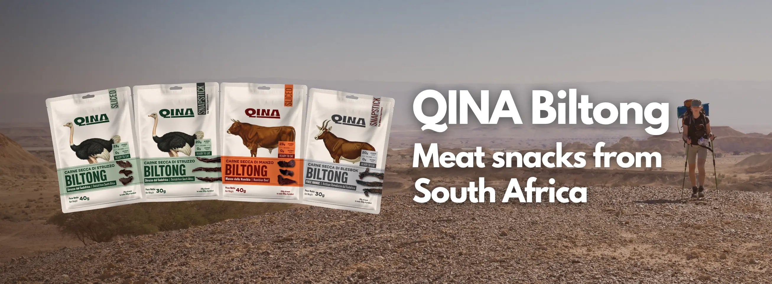 QINA Biltong packages displayed with a desert landscape in the background