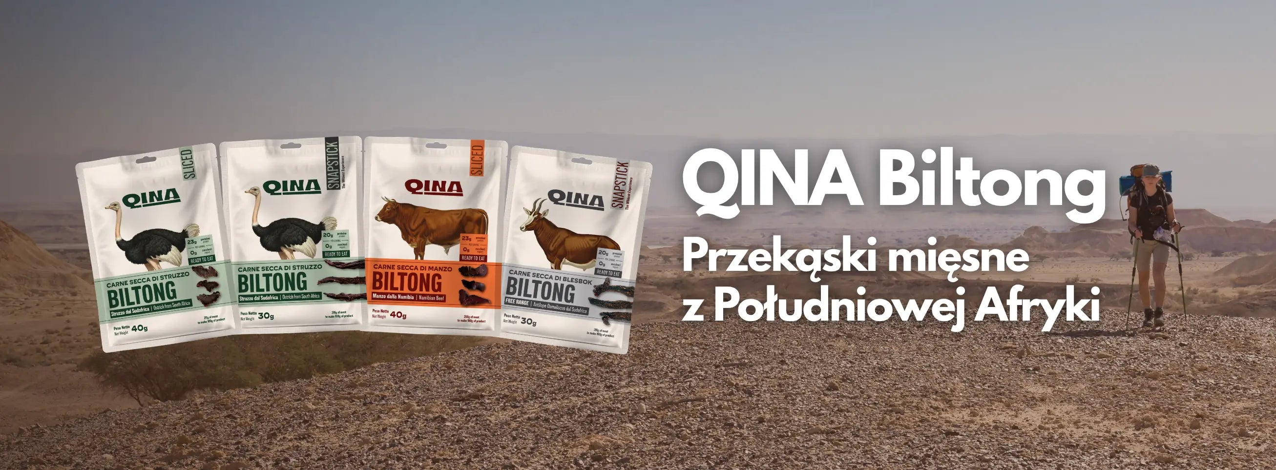 Opakowania z mięsem Biltong firmy QINA przedstawione na pustyni, promujące południowoafrykańskie przekąski mięsne.