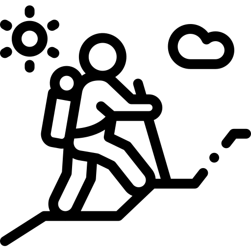 Black and white icon of a person skiing with sun, cloud, and snow icons around.