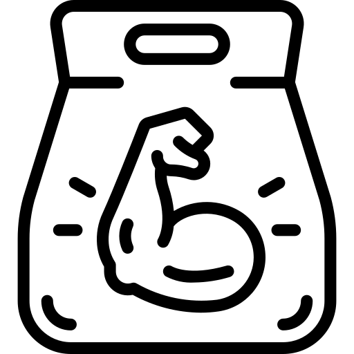 Outline of a protein powder container with a flexed bicep on a white background